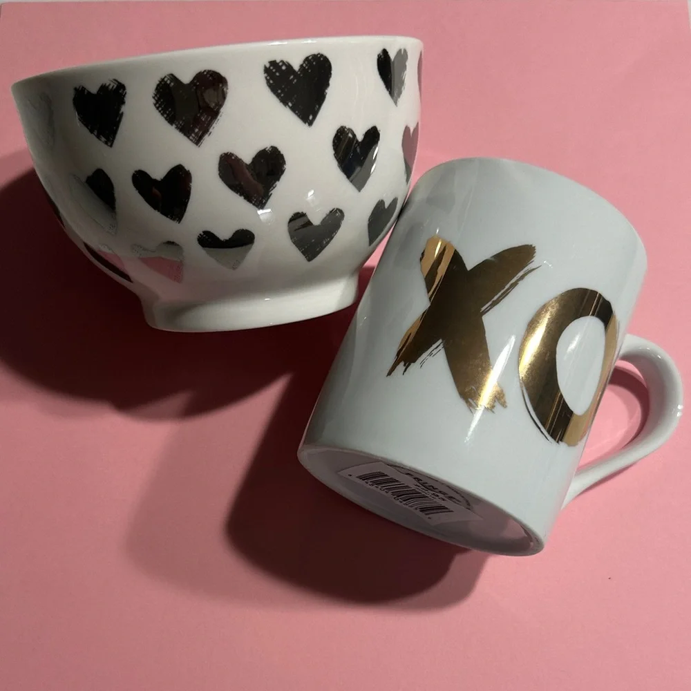 West Elm White and Gold XO Mug with Gray Heart Bowl